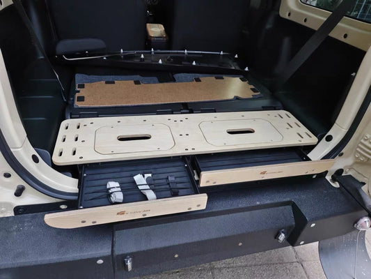 Suzuki Jimny Tailgate Storage Box – Tactical Cargo Organizer for JB23 / Jimny JB43 / Jimny JB74 – Aluminum Frame + Birch Wood Panel, Custom Fit, No-Drill Installation, Interior Overland Accessory