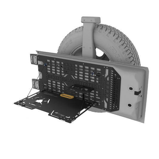 X-STREAM Jeep Wrangler Tailgate Rack – JL / JK Tailgate Table, Rear Door Storage Panel, Tactical Molle Board, Foldable Cargo Shelf, Off-Road Accessory, Camping Gear