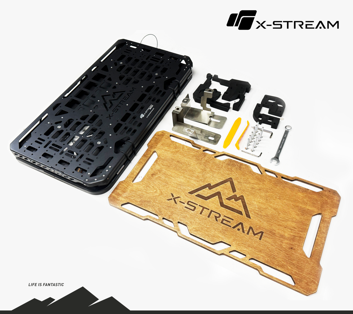 X-STREAM Land Rover Defender Tailgate Rack – Wooden Foldable Table Panel, Rear Door Organizer, MOLLE-Compatible Tactical Board, Overland Gear – Single / Double Layer – Compatible with Defender 130 / 110 / 90 (2020–2025)